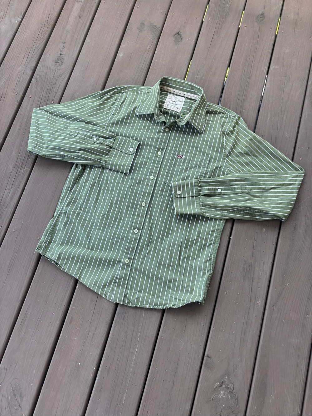 Hollister California Striped Button Up Olive Green XL Y2K Casual